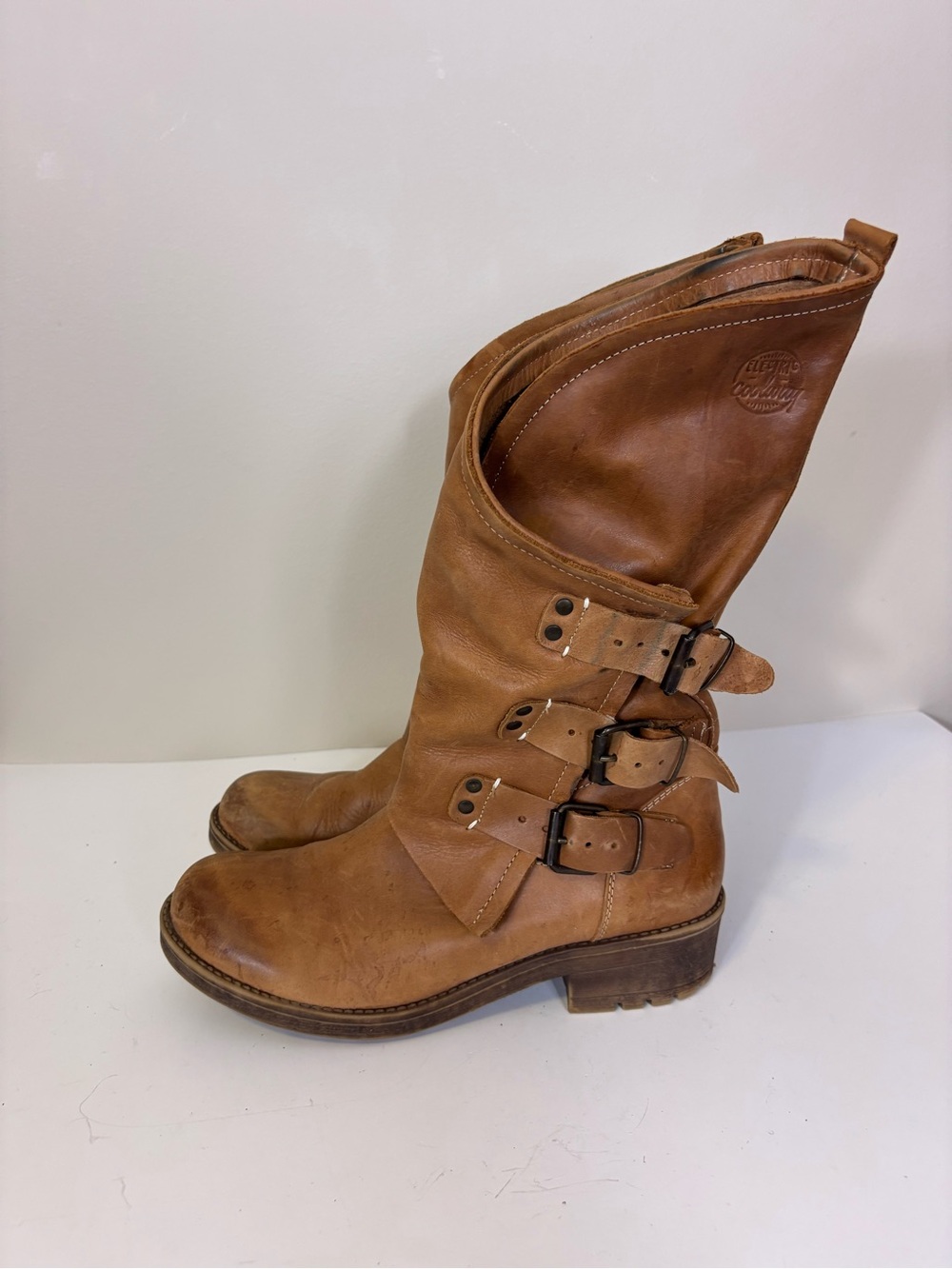 Coolway Tan Leather Tall Buckle Side Moto Boots 40 = 9